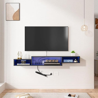 FABATO 59'' Floating TV Stand with LED Light Power Outlet, Floating Shelf for Under TV Wall Mount with Storage Shelf, Media Console Entertainment Center for Living Room, Black - LeafyLoom