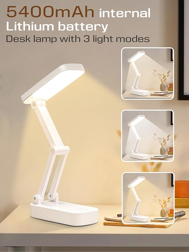 LED Desk Lamp, Foldable & Portable Light Rechargeable 5400mAh Reading Lamps,3 Color Modes Dimmable Portable Small Desk Light for Office, Home, Dormitory - LeafyLoom