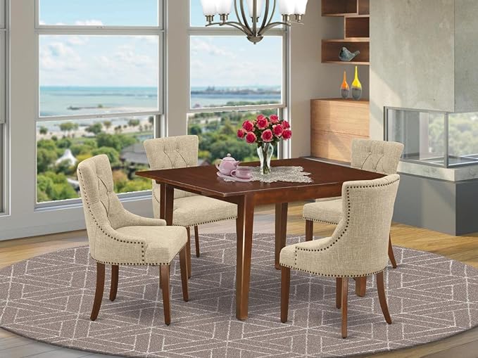 East West Furniture MLFR5-MAH-05 Milan 5 Piece Dining Set for 4 Includes a Rectangle Kitchen Table with Butterfly Leaf and 4 Doeskin Linen Fabric Parsons Chairs, 36x54 Inch - LeafyLoom