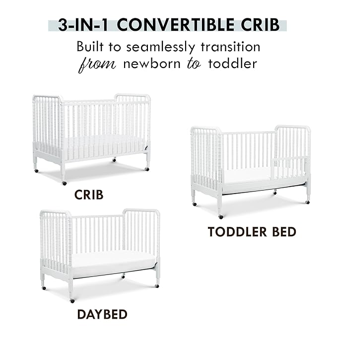 DaVinci Jenny Lind 3-in-1 Convertible Crib in White, Removable Wheels, Greenguard Gold (Mattress Not Included) - LeafyLoom