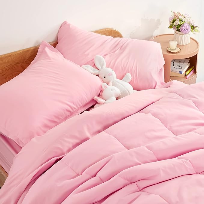 SLEEP ZONE Kids Bedding Comforter Set Full/Queen Size - Super Cute & Soft Kids Bedding 7 Pieces Set with Comforter, Sheet, Pillowcase & Sham (Ballet Pink Color) - LeafyLoom