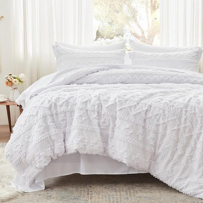 Anluoer Full Comforter Set 7 Pieces, White Tufted Bed in a Bag with comforters and sheets, All Season Bedding Sets with 1 Comforter, 2 PillowShams, 2 Pillowcases, 1 Flat Sheet, 1 Fitted Sheet - LeafyLoom