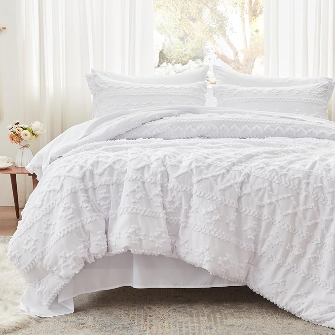 Anluoer Queen Comforter Set 7 Pieces, White Tufted Bed in a Bag with comforters and sheets, All Season Bedding Sets with 1 Comforter, 2 PillowShams, 2 Pillowcases, 1 Flat Sheet, 1 Fitted Sheet - LeafyLoom