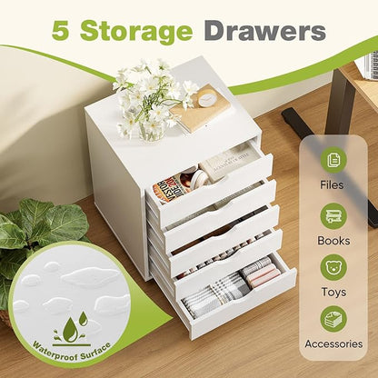 DUMOS 5 Drawer File Cabinet 5 Wood Rolling Organizer Storage Chest with Wheels Mobile Printer Stand for Home Office, White - LeafyLoom