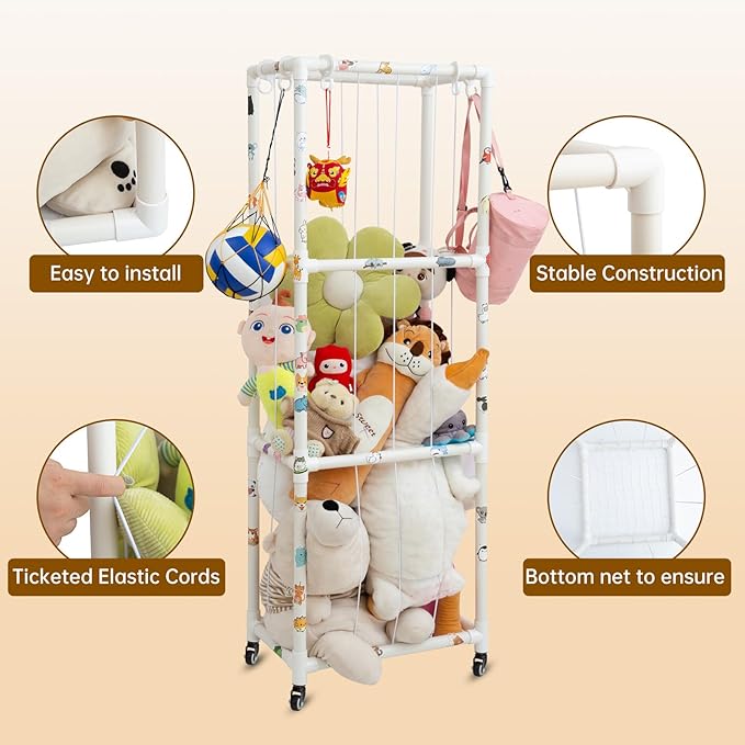 X-Large Plush Stuffed Animal Zoo Cage with Wheels, 67.7'' Stuffed Animal Storage Zoo Holder Standing, Toy Storage Organizer Shelves Basket with Net for Playroom, Bedroom, Nursery - LeafyLoom