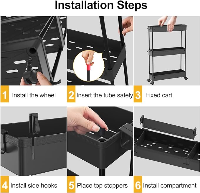 SPACELEAD Slim Storage Cart 4 Tier, Storage Organizer Rolling Utility/ Mobile Shelving Unit Slide Out Storage Cart for Office, Bathroom, Kitchen, Laundry Room & Narrow Places， Black - LeafyLoom