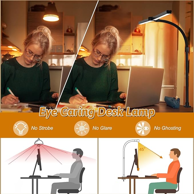 Double Head LED Desk Lamp with Anti-Glare Cover Computer Desk Lamp for Home Office 24W Brightest Desk Light Office Lamp for Workbench Drafting Architect Reading with Remote Control - LeafyLoom