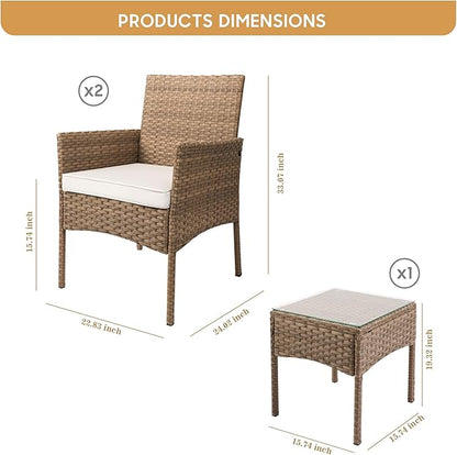 YIYAN 3 Pieces Patio Bistro Set Outdoor Wicker Furniture Outdoor Porch PE Rattan Wicker Chairs Furniture Sets with Sofa Chairs,Glass Coffee Table and White Washable Cushion - LeafyLoom