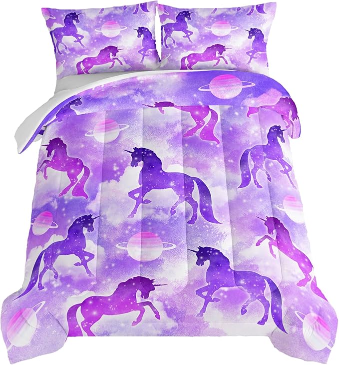 HOSIMA Purple Unicorn Bedding Sets for Girls Kids,3 Piece Soft Microfiber Galaxy Comforter Princess Crib Bedding Set Unicorn Bedroom Decor for Girls Room,Planet Cloud Queen Comforter Set. - LeafyLoom