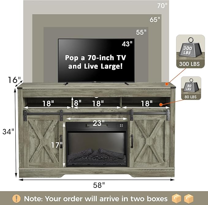 Fireplace TV Stand for 65+ Inch TV, Farmhouse Entertainment Center with 23" Electric Fireplace with Remote, Modern Rustic TV Console with Sliding Bar Door for Living Room,Light Grey - LeafyLoom