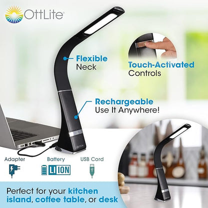 OttLite Recharge LED Desk Lamp with ClearSun LED Technology - Portable, Dimmable & Flexible Gooseneck - Travel-Friendly Task Lamp with Rechargeable Battery - for Home, Reading, Office & College Dorms - LeafyLoom