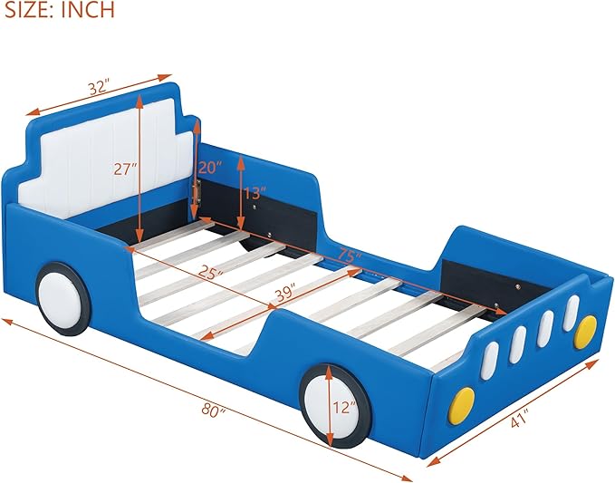 Twin Size Race Car Bed for Kids, PU Car-Shaped Bedframe with Wheels and Side Rails for Boys,Girls, Wood Slat Support, No Box Spring Needed,Blue - LeafyLoom