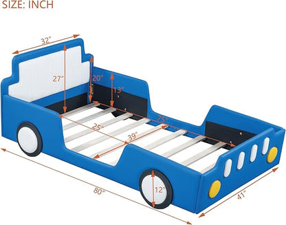 Twin Size Race Car Bed for Kids, PU Car-Shaped Bedframe with Wheels and Side Rails for Boys,Girls, Wood Slat Support, No Box Spring Needed,Blue - LeafyLoom