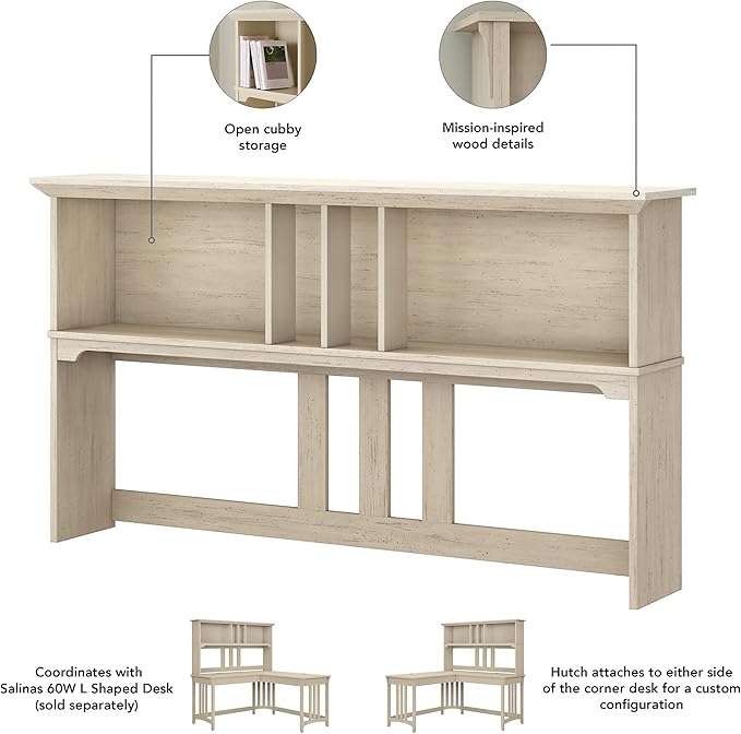 Bush Furniture Salinas Hutch, Desk Attachment with Shelf Storage for Home Office, 60W, Antique White - LeafyLoom