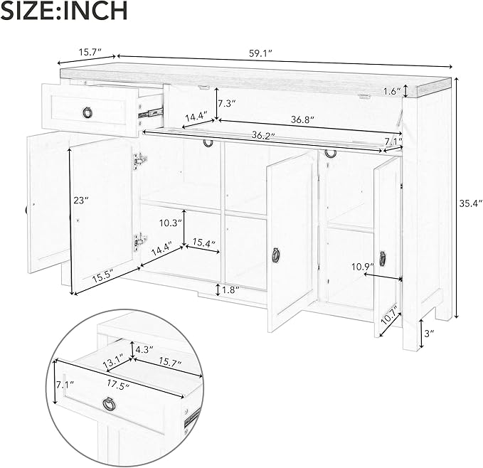 59.1" Retro Style Large Storage Space Sideboard with Flip Door and 1 Drawer,Multifunctional Buffet, w/ 4 Height-Adjustable Cabinets,for Dining, Living Room,Antique White - LeafyLoom