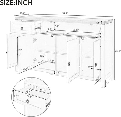 59.1" Retro Style Large Storage Space Sideboard with Flip Door and 1 Drawer,Multifunctional Buffet, w/ 4 Height-Adjustable Cabinets,for Dining, Living Room,Antique White - LeafyLoom