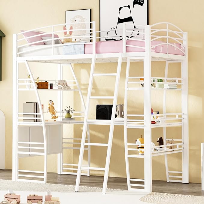 RITSU Twin Size Loft Bed with Storage 4 Layers Shelves and L-Shaped Desk, Strong Metal Bedframe, USB Ports Sockets and Wireless Charging, for Children's Room, Teens, White - LeafyLoom