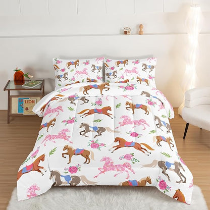 HOSIMA Kawaii Pink Rose Horse King Size Comforter Set,Cute Animal Horse Bedding Girls Teens Aesthetic Room Decor,Princess Toddler Bedding Set Cowboy Cowgirl Colorful Pony Comforter. - LeafyLoom