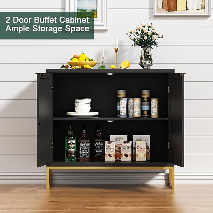 Anmytek Rattan Sideboard Buffet Kitchen Storage Cabinet with 2 Doors, Modern Black Accent Cabinet for Kitchen Buffet Cabinet with Storage for Kitchen - LeafyLoom