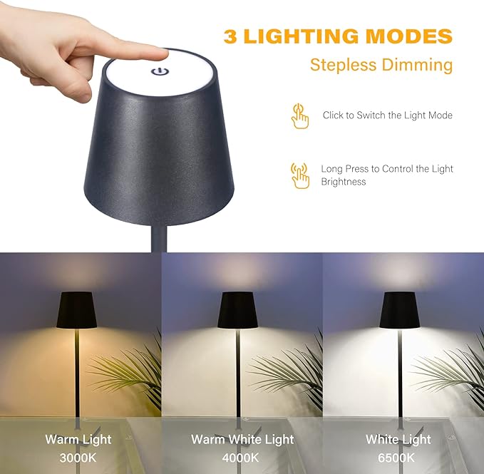 Cordless Table Lamps, 3 Colors Stepless Dimming, 5000mAh Rechargeable Battery LED Desk Lamp for Bedroom/Couple Dinner/Desk/Cafe/Dining Room/Terrace (Black) - LeafyLoom