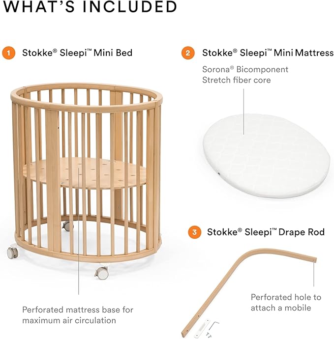 Stokke Sleepi Mini Bundle, Natural - includes Crib/Bed, Mattress & Drape Rod - Suitable for Ages 0-5 Years Old - Adjustable & Stylish - LeafyLoom