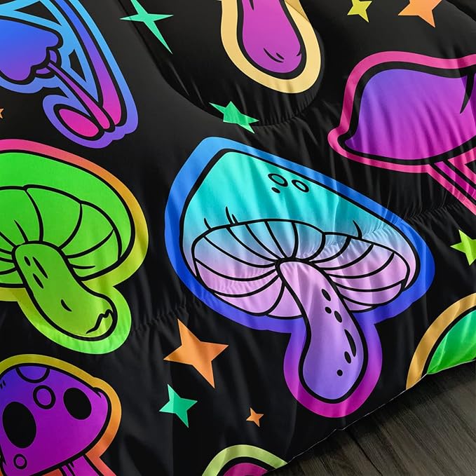 Mushroom Comforter Set Kids Bedding Set Full,3Pcs Colorful Soft Black Gradient Mushroom Quilt Set Bed in A Bag with 1 Comforter 2 Pillowcases for Kids Boys Girls Teens Adults Room Decor All Season - LeafyLoom