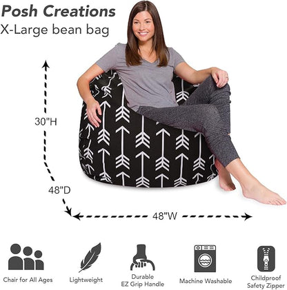 Posh Creations Bean Bag Chair for Kids, Teens, and Adults Includes Removable and Machine Washable Cover, Canvas White Arrows on Gray, 48in - X-Large - LeafyLoom