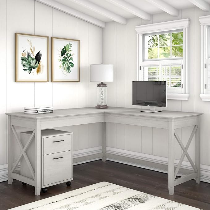 Bush Furniture Key West 60W L Shaped Desk with 2 Drawer Mobile File Cabinet in Linen White Oak - LeafyLoom