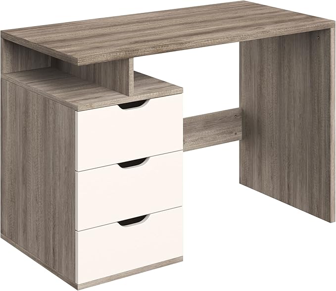 Lavish Home Contemporary Desk with Attached 3-Drawer File Cabinet for Home Office, Bedroom, Computer, or Craft Table, 43-Inch Long, White and Natural - LeafyLoom