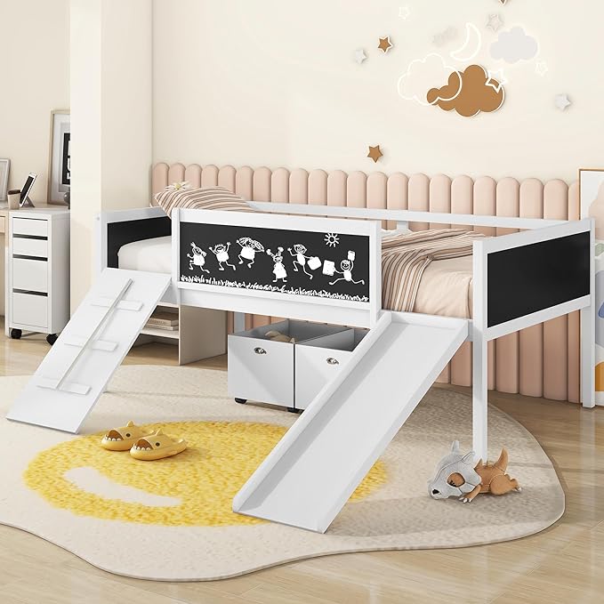 Twin Size Low Loft Bed with Slide and 2 Storage Boxes,Kids Low Loft Bed Frame with Climbing and Chalkboard,Solid Loft Bed Twin for Boys,Girls,White - LeafyLoom