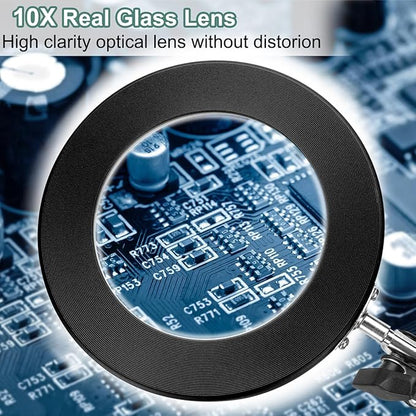 10X Magnifying Glass with Light, Krstlv Real Glass Lens Desk Lamp & Clamp, 3 Color Modes Stepless Dimmable, Hands Free LED Lighted Magnifier with Light and Stand for Reading Crafts Repair Close Works - LeafyLoom