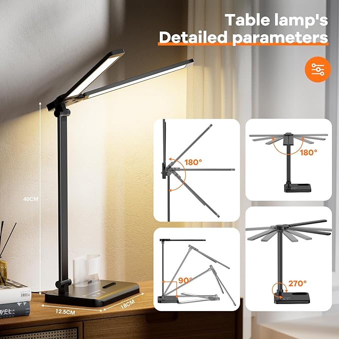 RealPlus Desk Lamp with USB Charging Port & 【Adapter】, 17IN Tall LED Desk Lamps for Home Office, 10W Double Head Desk Lamp with Pen Holder, Memory Function/10 Brightness/5 Colors/Reading Mode/Timer - LeafyLoom