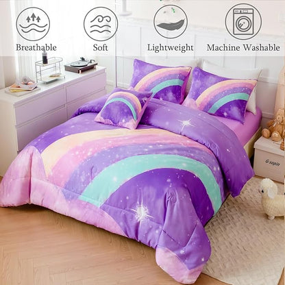 Purple Rainbow Girls Full Size Comforter Set, 6 Pieces Gradient Glitter Kids Bedding Sets, Galaxy Kids Bedroom Decor Bed in A Bag with Sheets for Girls Teens - LeafyLoom