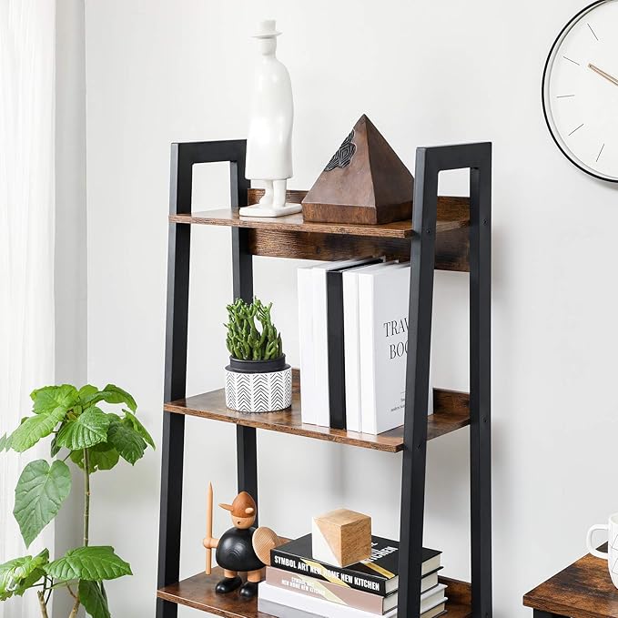 VASAGLE Bookshelf, 4-Tier Bookcase, Ladder Shelf for Home Office, Living Room, Bedroom, Kitchen, Rustic Brown and Ink Black ULLS054X01 - LeafyLoom