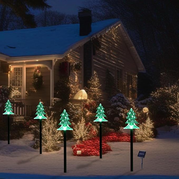 ILLUMINEW Christmas Solar Pathway Lights, Set of 5 Waterproof Landscape Christmas Lights, Stake Christmas Decorations, LED Lights for Yard Lawn Patio Walkway Decor (5PCS-Green-Tree) ILLUMINEW