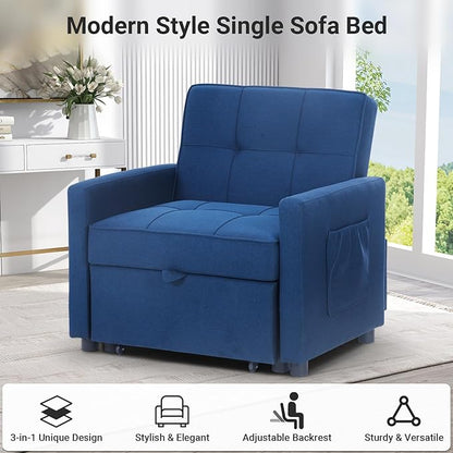 4-in-1 Convertible Sleeper Sofa, Single Pull Out Couch Chair with 6-Level Adjust Backrest Loveseat with Storage and Pillows, Modern Recliner for Living Room Apartment Office, Blue - LeafyLoom