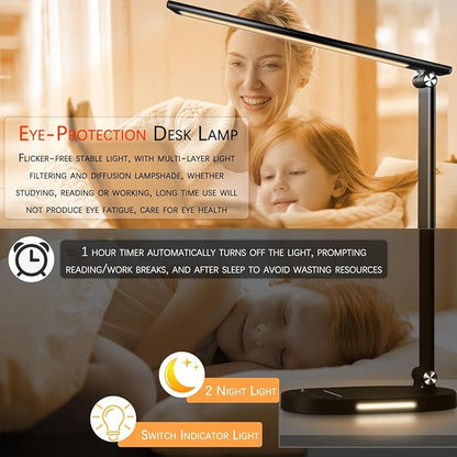 Clearance LED Desk Lamp with Wireless Charger for Home Office, Table Lamp with 2 Night Light for Bedroom, with USB Charging Port, 60min Timer AUTO-OFF, 5 Modes Dimmable Office Lamp, Adjustable, Black - LeafyLoom