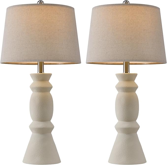 Oneach 25.75'' Farmhouse Ceramic Table Lamp for Living Room Bedside Lamps Office White Table Lamp Set of 2 for Bedroom Retro Nightstand Lamp End Table Lamps (Beige) - LeafyLoom