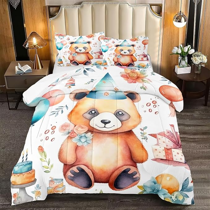 Panda Comforter Set Queen Size, Cute Brown Panda Pattern Queen Size Comforter Set, Kawaii Cute Animal Printed Kids Bedroom Decor, 3Pcs Bedding Set Printed Comforter with 2 Pillowcases, All Season - LeafyLoom