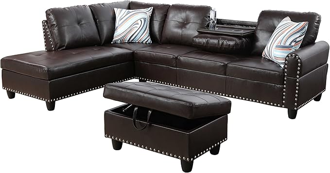 Living Room Furniture L Shaped Sectional Sofa Set with Storage Ottoman and Cup Holders, Wide Convertible Upholstered Couch for Home Office, Brown B - LeafyLoom