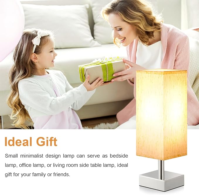 Beige Small Bedroom Lamp for Nightstand - Bedside Table Lamps with Sliver Base, Minimalist Night Stand Lamp with Square Fabric Shade, Desk Reading Lamp for Kids Room Living Room Office - LeafyLoom