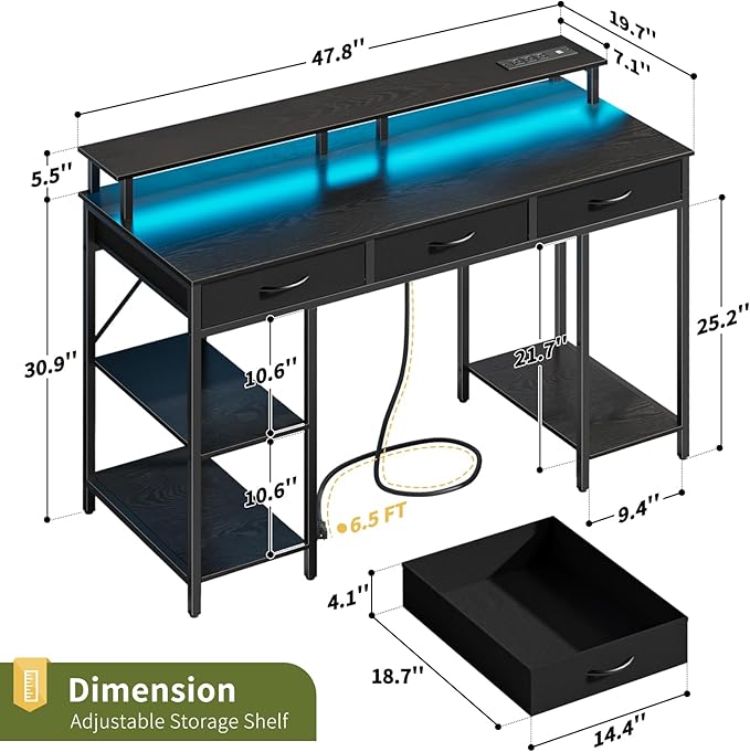 Yoobure Computer Desk with Drawers, Office Desk with LED Lights & Outlets, Small Desk with Storage Shelves, Gaming Desk 48" Home Office Desks with Monitor Stand, Writing Desk for Bedroom Small Spaces - LeafyLoom