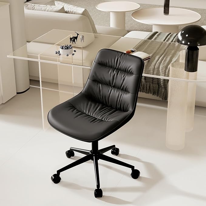 Kidol & Shellder Armless Office Chair Desk Chair Comfy Makeup Vanity Chair with Back Ergonomic Swivel Chair Home Office Desk Chairs with Wheels Rolling Computer Chair Bedroom Accent Chair(Black) - LeafyLoom