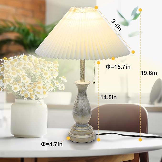 Farmhouse Table Lamp with Pull Chain Switch Control 3-Way Dimmable Table Lamp, Modern Nightstand Lamp Bedside Desk Lamp with Fabric Shade for Living Room Bedroom Hotel (Metal-Pack-01) - LeafyLoom