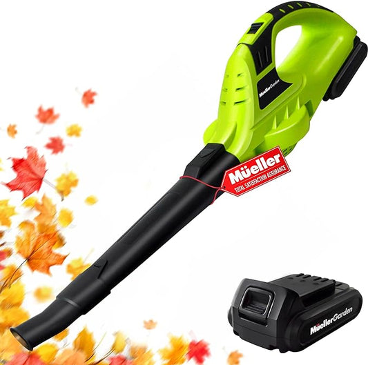 Mueller UltraStorm Cordless Leaf Blower, 140 MPH 20 V Powerful Motor, Electric Leaf Blower for Lawn Care, Battery Powered Leaf Blower for Snow Blowing High Capacity Battery & Charger Green - LeafyLoom