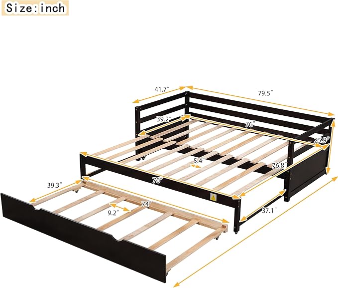 Wooden Extendable Daybed, Twin to King Daybed Frame with Trundle, Extending Sofa Bed for Living Room Bedroom Guest Room, Espresso - LeafyLoom