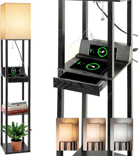 Dott Arts 【Upgraded】 Floor Lamp with Shelves,Shelf Floor Lamps for Living Room with Wireless Charger - LeafyLoom