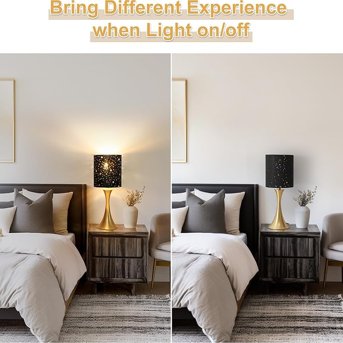 Touch Lamp for Bedroom, 3 Way Dimmable Gold Table Lamp with Black Starry Shade, Decorative Nightstand Lamp Ambient Beside Light for Living Room, Guest Room, Office 3000K LED Bulb Included - LeafyLoom