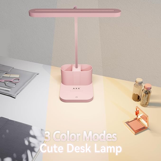 AXX Pink Desk Lamp for Home Office, Cute Desk Lamps for Bedrooms, Kawaii, Dimmable LED, Flexible Gooseneck, Pen Holder, Touch Control, Room College Dorm Essentials for Teen Girls Kids - LeafyLoom