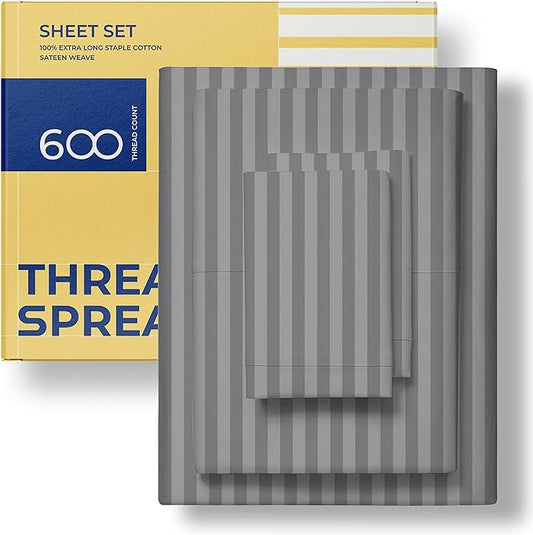 THREAD SPREAD Striped Egyptian Cotton Sheets Twin XL Size - 600 Thread Count 3 PC Damask Twin XL Sheets Deep Pockets, Sateen Weave College Dorm Bedding Twin XL, Fits Mattress upto 18" - Dark Grey - LeafyLoom